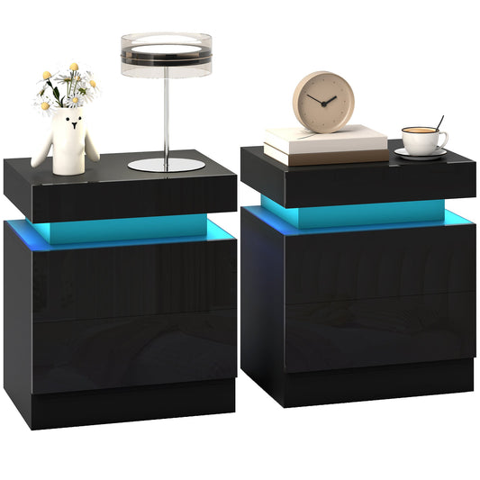 High Gloss Front Bedside Table, APP Control Nightstand with RGB LED Light and 2 Drawers, Chest of Drawers for Bedroom, Living Room, Set of 2, Black