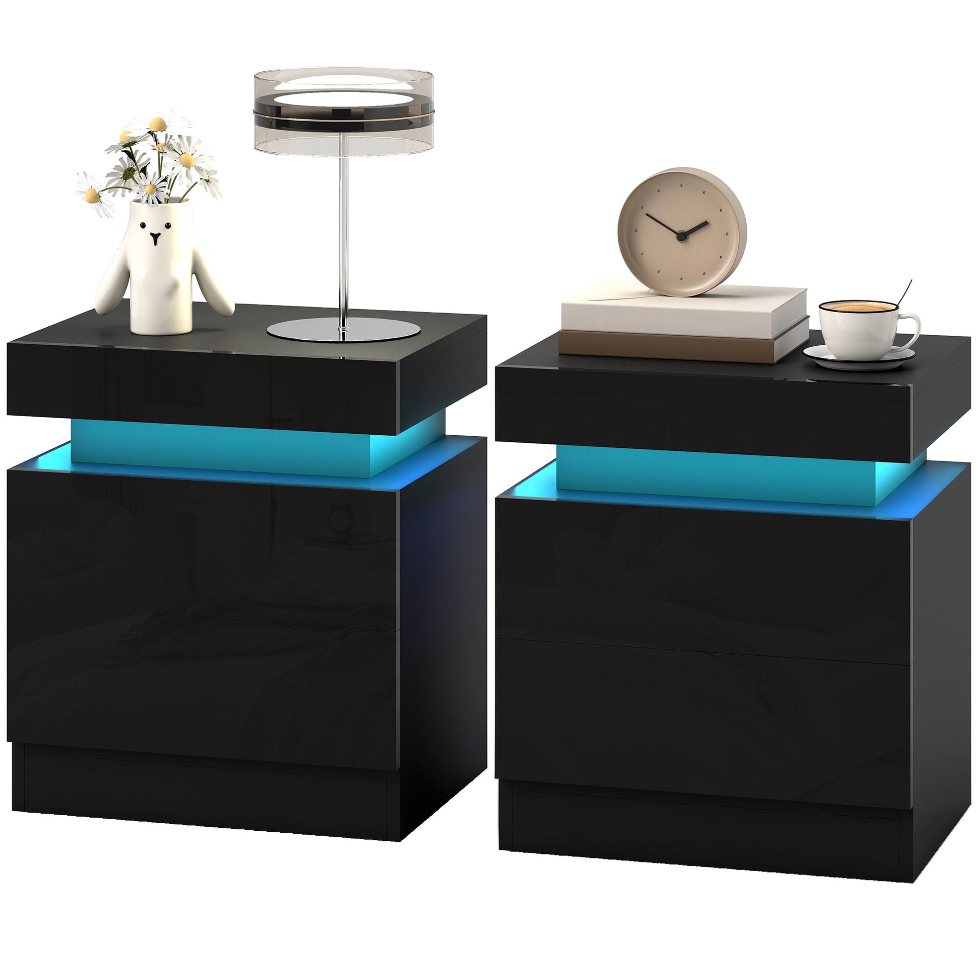 High Gloss Front Bedside Table, APP Control Nightstand with RGB LED Light and 2 Drawers, Chest of Drawers for Bedroom, Living Room, Set of 2, Black