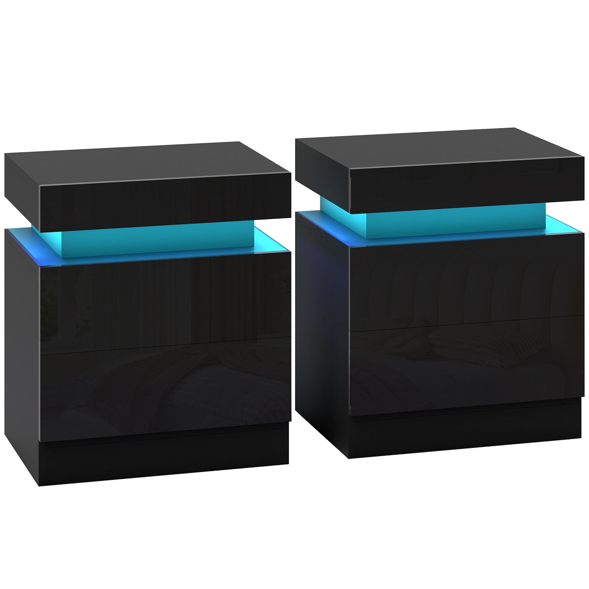 High Gloss Front Bedside Table, APP Control Nightstand with RGB LED Light and 2 Drawers, Chest of Drawers for Bedroom, Living Room, Set of 2, Black
