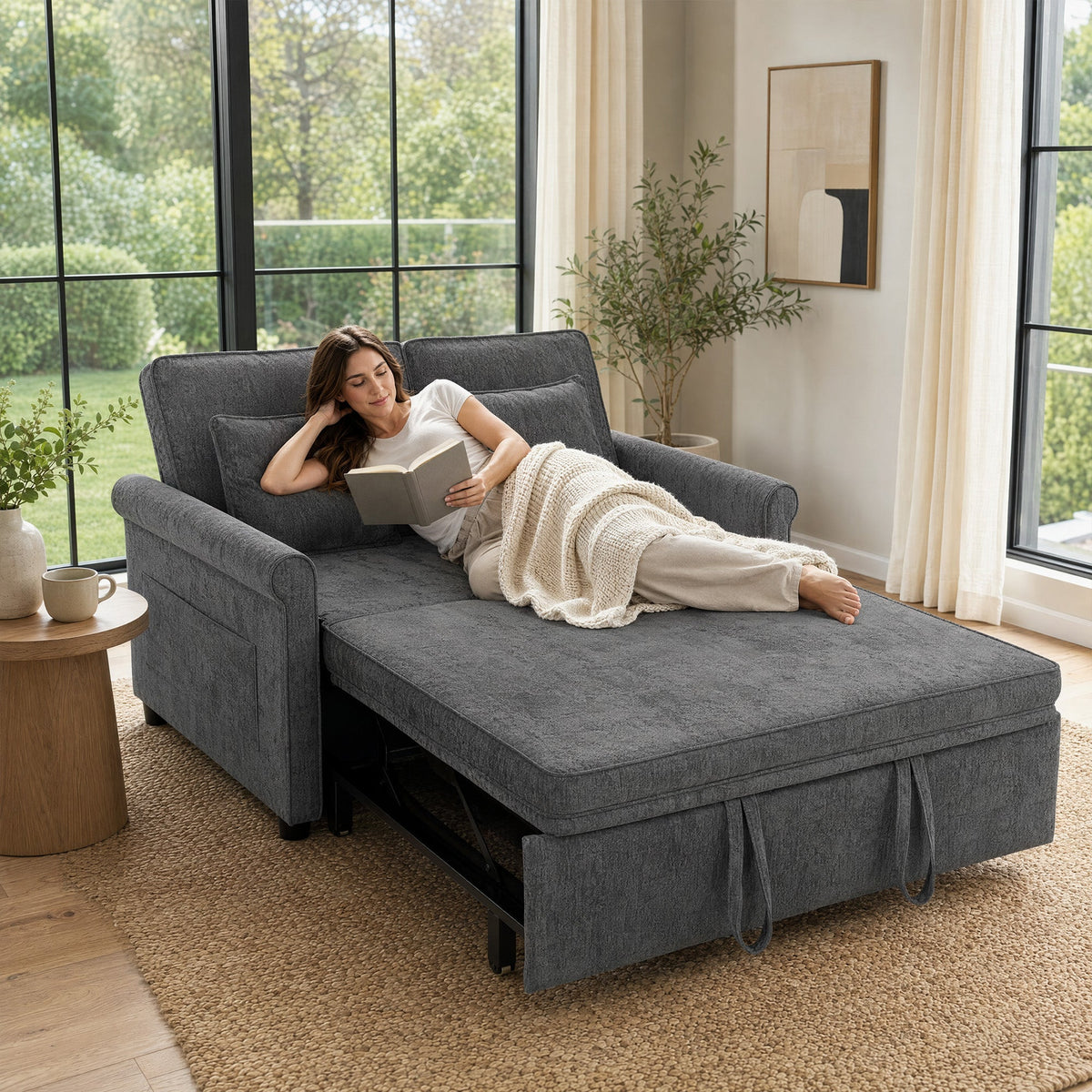 2 Seater Sofa Bed, 3-in-1 Convertible Pull Out Double Sleeper Sofa 190 x 130 cm, 5-Position Adjustable Backrest, Chenille Loveseat Bed Settee for Living Room, Bedroom, Guest Room, Grey