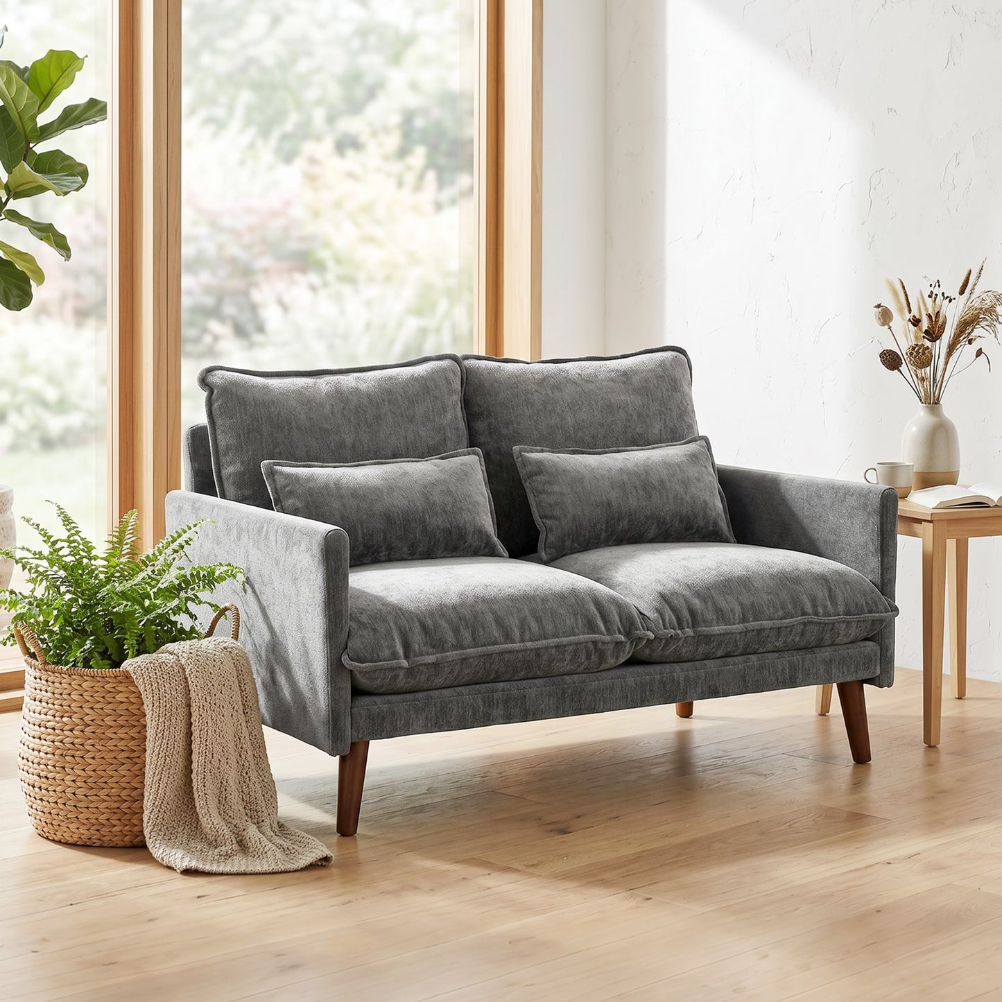 2 Seater Sofa, 131cm Velvet-Feel Fabric Loveseat Sofa with Spring Cushions, Wide and Deep Seat, Wood Legs, 2 Pillows, Modern Couch Settee for Small Space, Living Room, Bedroom, Office, Grey