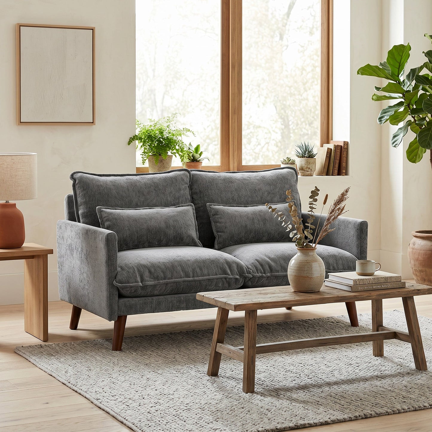2 Seater Sofa, 131cm Velvet-Feel Fabric Loveseat Sofa with Spring Cushions, Wide and Deep Seat, Wood Legs, 2 Pillows, Modern Couch Settee for Small Space, Living Room, Bedroom, Office, Grey