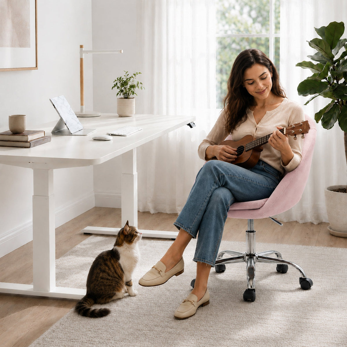 Modern Office Chair, Velvet Desk Chair with Swivel Seat, Height-Adjustable, with Wheels, for Home Study, Bedroom, Pink