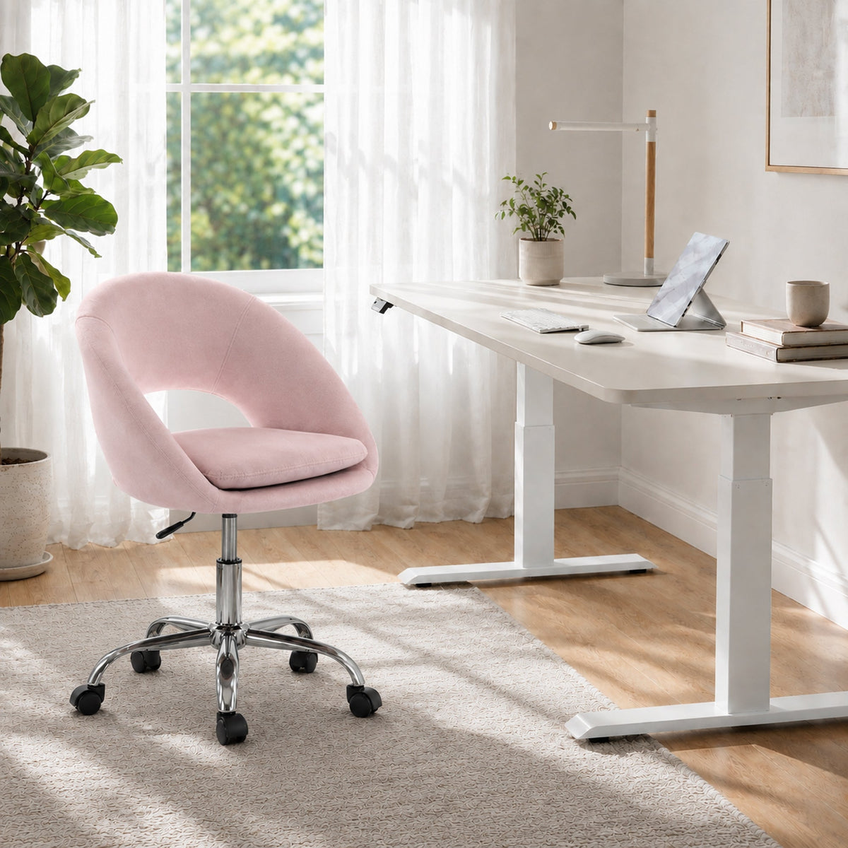Modern Office Chair, Velvet Desk Chair with Swivel Seat, Height-Adjustable, with Wheels, for Home Study, Bedroom, Pink