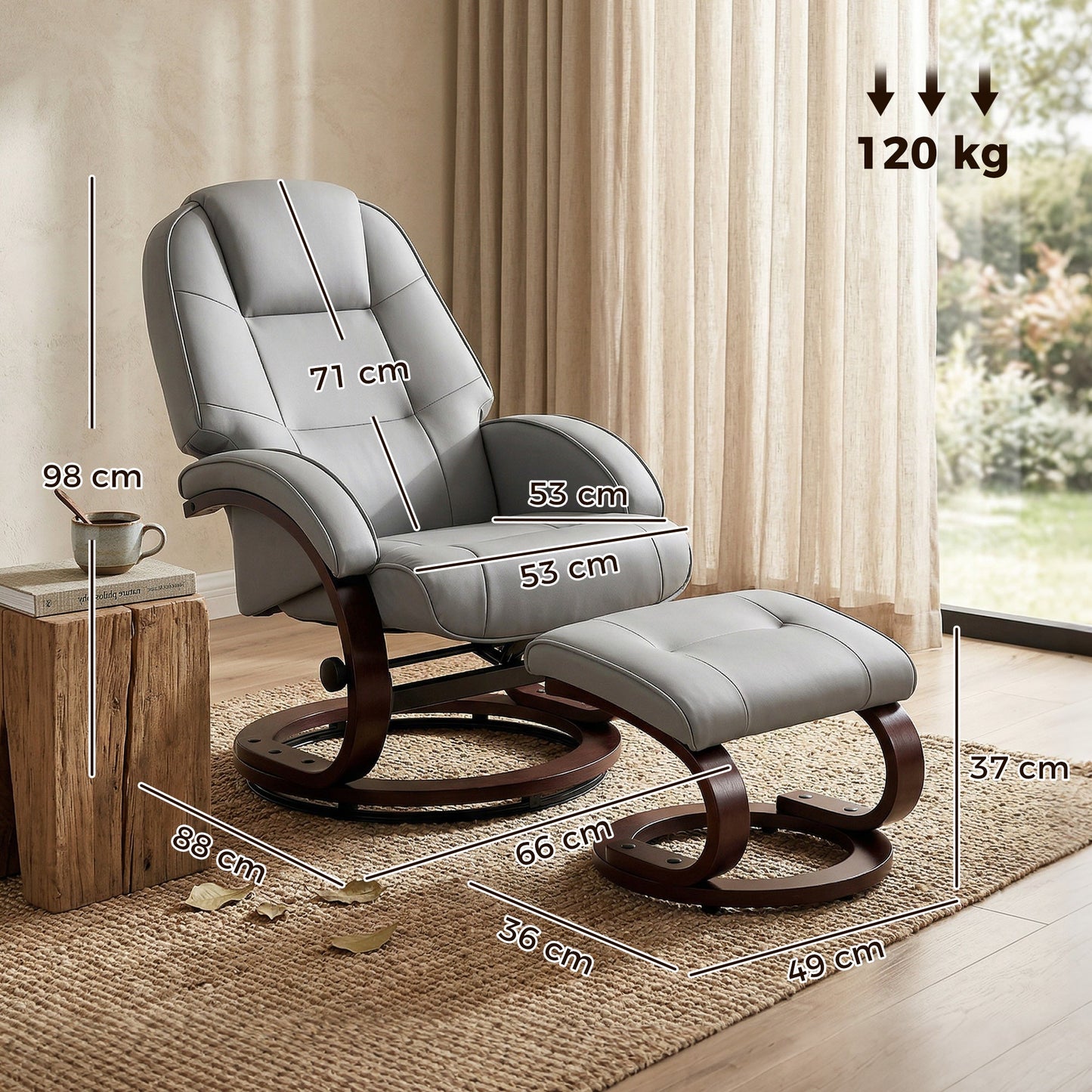 Swivel Recliner Chair with Footstool, PU Leather Recliner Armchair with High Back and Wood Frame, Reclining Chair Lounge with Padded Armrests for Living Room, Grey