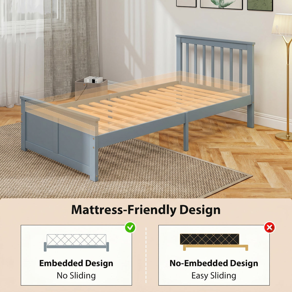 3ft Single Solid Wooden Bed Frame, Pine Storage Bed with Drawers, Headboard, Wood Slat Support, No Box Spring Needed, Easy Assembly, 90 x 190 cm, Grey