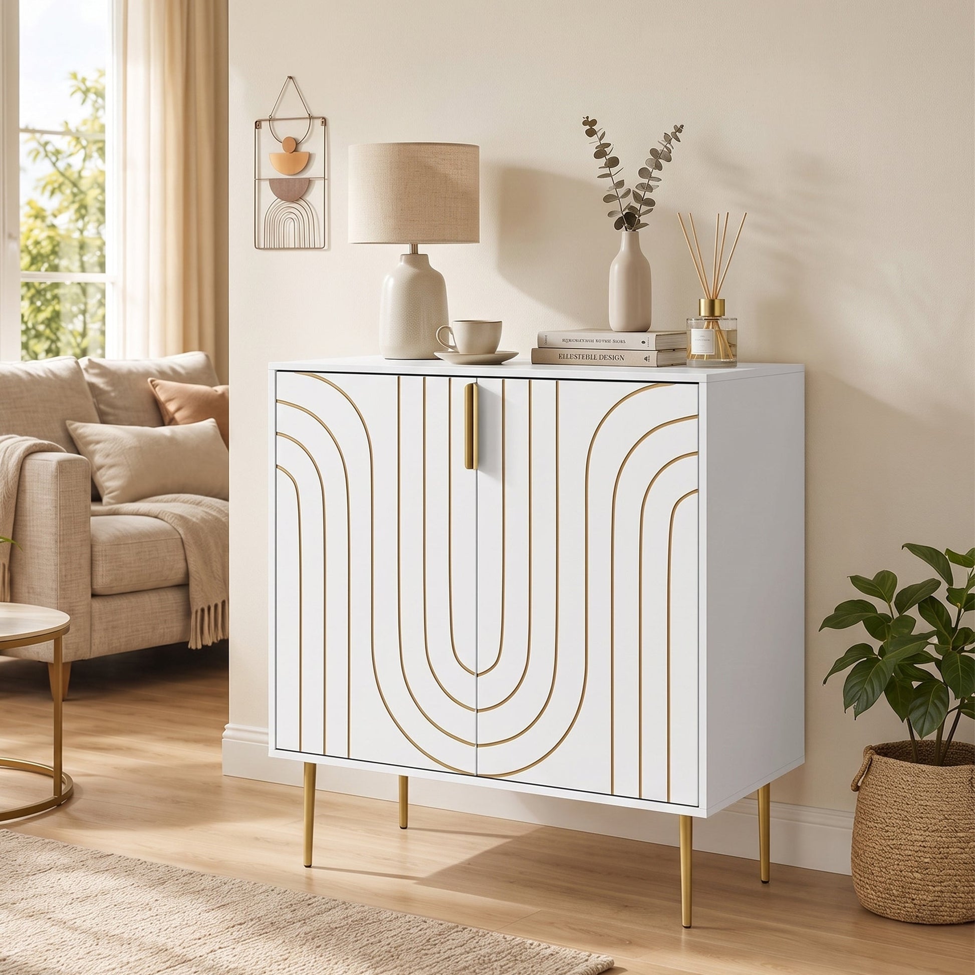 Storage Cabinet, Modern Kitchen Cupboard with 2 Doors, Adjustable Shelf and Metal Legs, Freestanding Sideboard for Living Room, Dining Room, Hallway, White