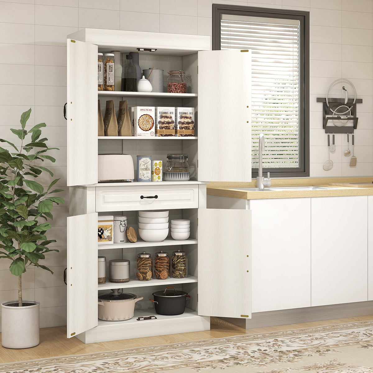 HOMCOM Kitchen Cupboard with 4 Doors, Freestanding Storage Cabinet with Wide Drawer and Shelves for Living Room, 180cm, White Wood Grain