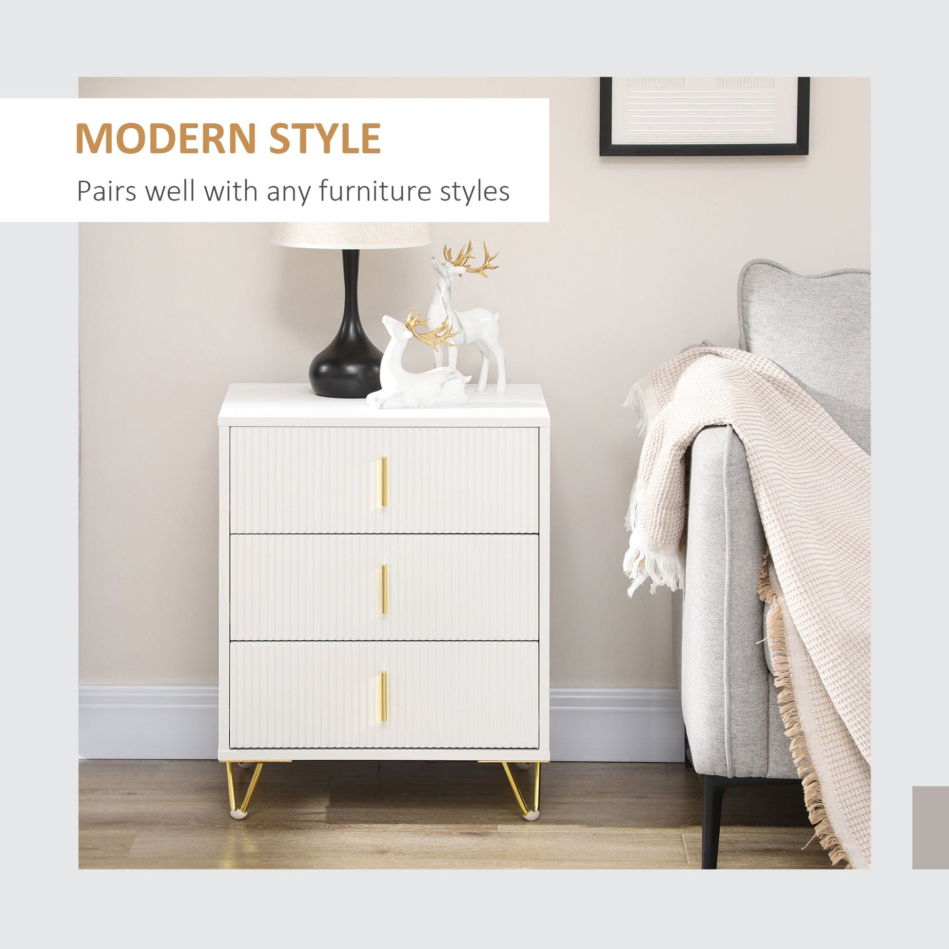 HOMCOM Modern 3 Drawer Dresser, Fluted Bedroom Dresser Chest of Drawers with Metal Legs and Steel Handles for Bedroom, White