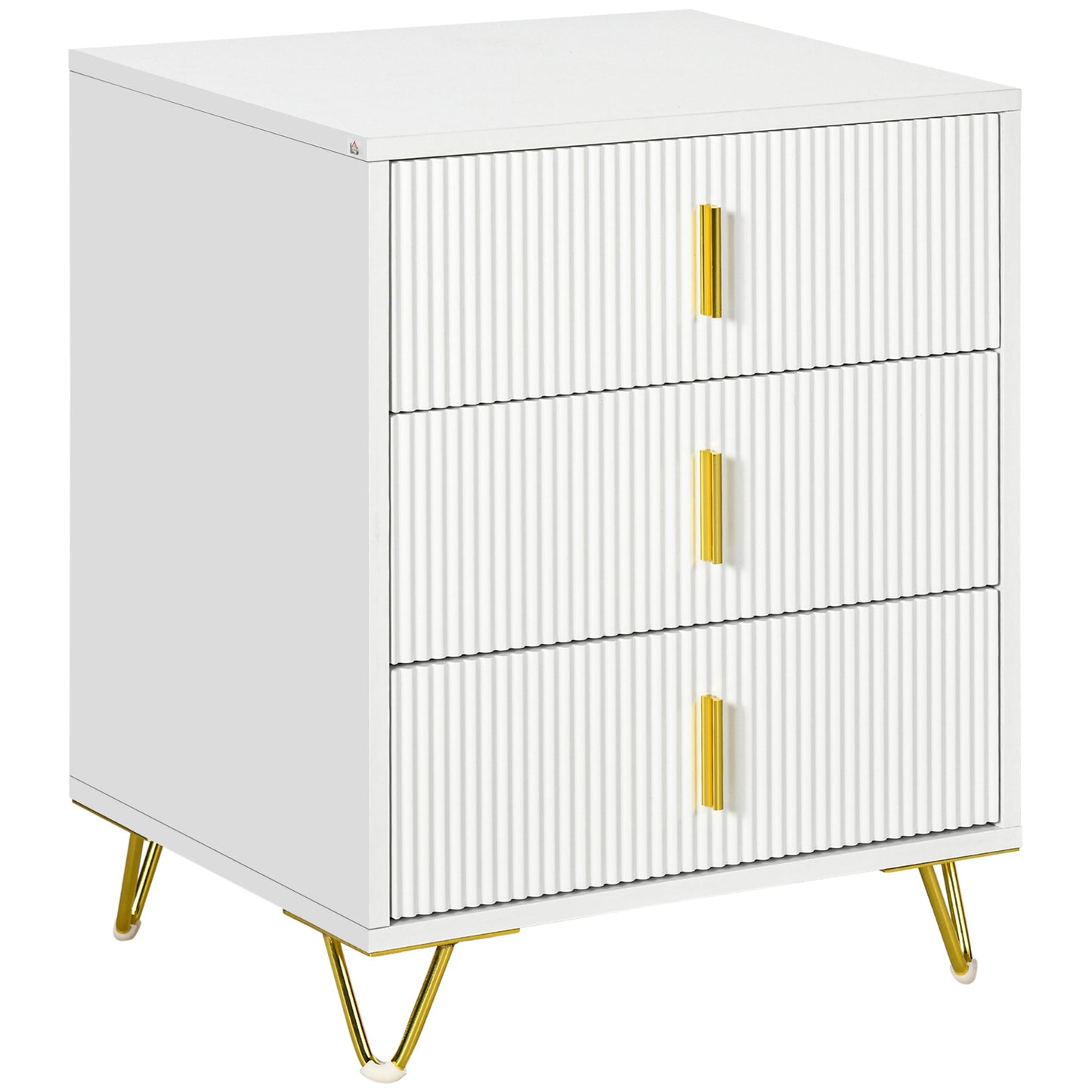 HOMCOM Modern 3 Drawer Dresser, Fluted Bedroom Dresser Chest of Drawers with Metal Legs and Steel Handles for Bedroom, White