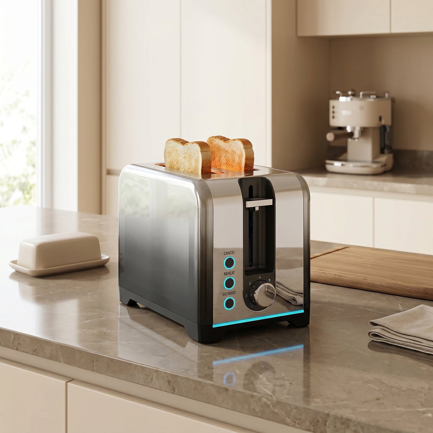2 Slice Toaster with 7 Browning Levels, Reheat, Defrost and Cancel Functions, Self-Centring Slots, Auto Shut-Off, Removable Crumb Tray, 930W, Black