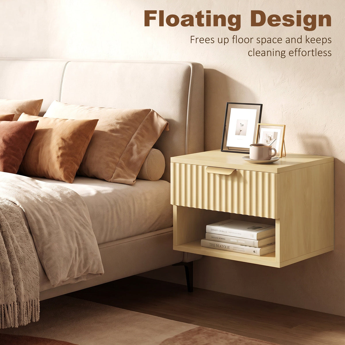 Floating Nightstands Set of 2, Modern Wall-Mounted Bedside Tables with Fluted Drawer and Open Shelf for Bedroom, Oak
