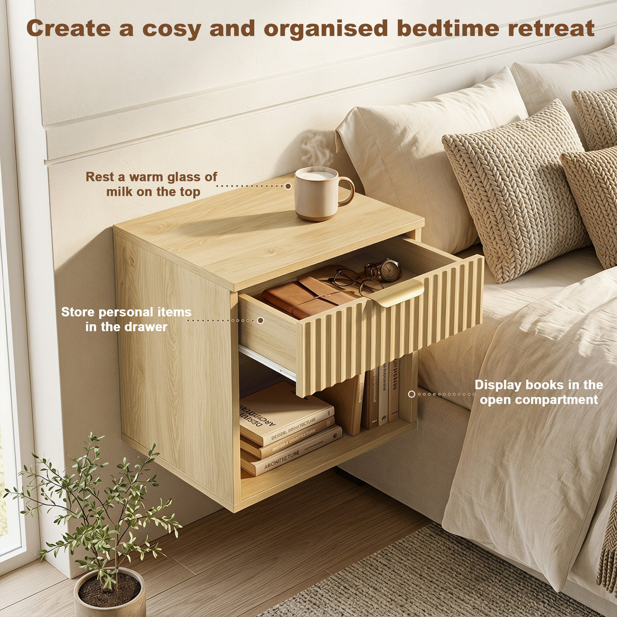 Floating Nightstands Set of 2, Modern Wall-Mounted Bedside Tables with Fluted Drawer and Open Shelf for Bedroom, Oak