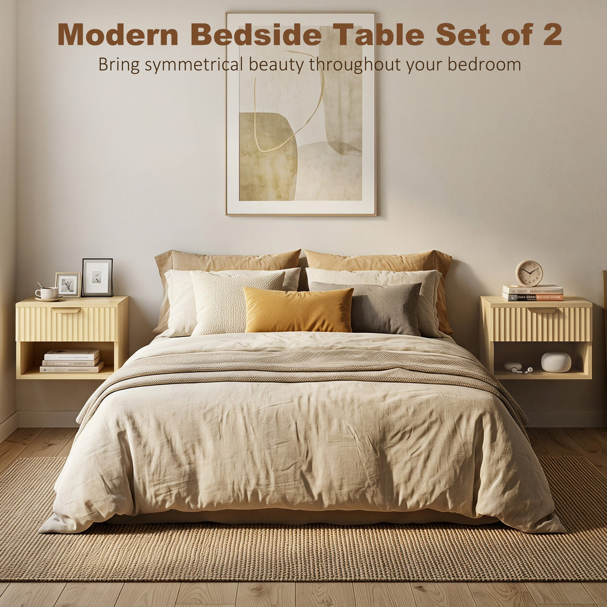 Floating Nightstands Set of 2, Modern Wall-Mounted Bedside Tables with Fluted Drawer and Open Shelf for Bedroom, Oak