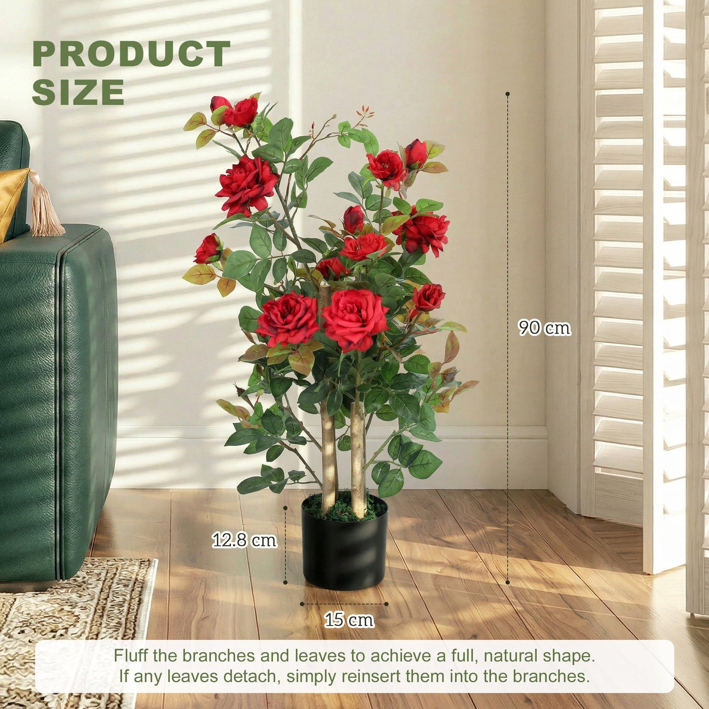 90cm Artificial Rose Tree Set of 2, Decorative Fake Plant with 344 Silk Leaves and 17 Flowers, UV-Resistant Faux Tree for Outdoor Indoor Garden Porch Decor, Red