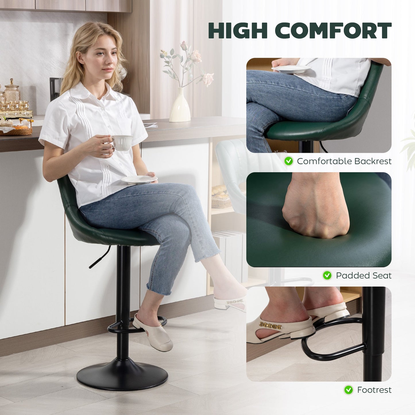 Bar Stools Set of 2, Swivel Barstools with Adjustable Height, Backrest and Footrest,  Modern PU Leather Upholstered Breakfast Bar Chairs for Kitchen Island, Counter, Dining Room, Dark Green