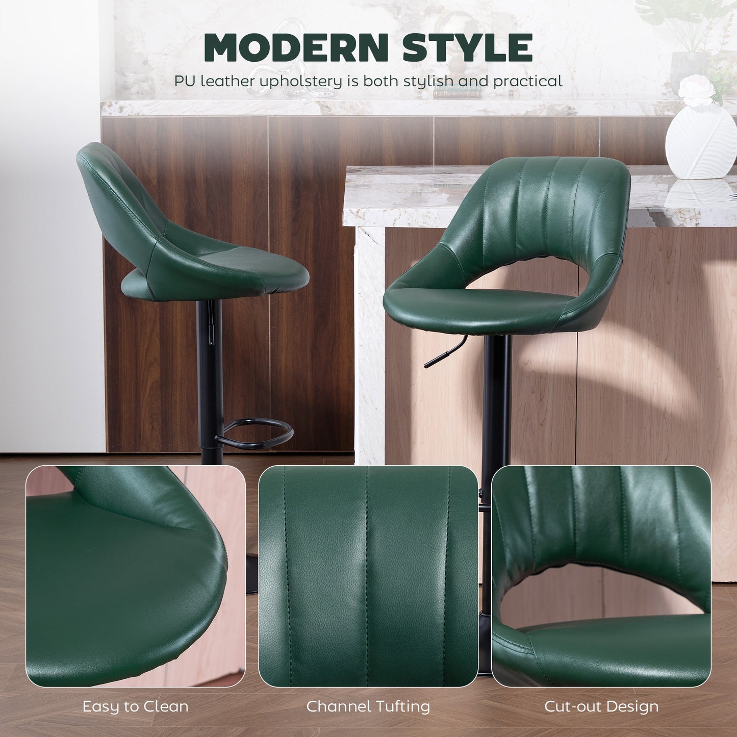 Bar Stools Set of 2, Swivel Barstools with Adjustable Height, Backrest and Footrest,  Modern PU Leather Upholstered Breakfast Bar Chairs for Kitchen Island, Counter, Dining Room, Dark Green