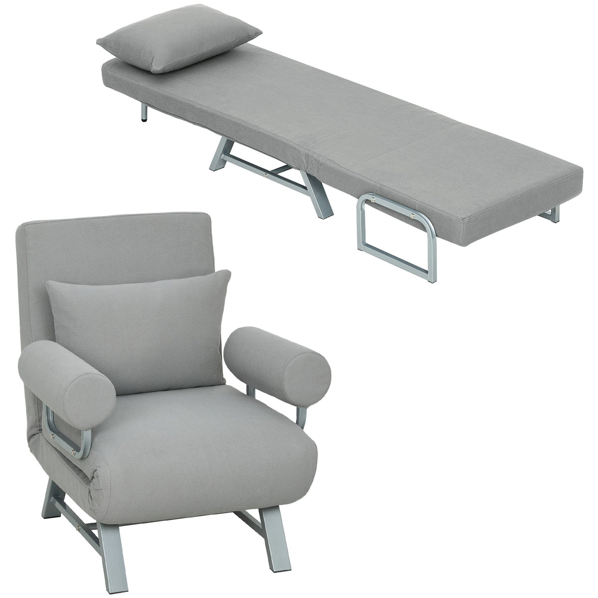 Single Sofa Bed, 3-in-1 Convertible Folding Chair Bed with Adjustable Backrest, Removable Armrests, Steel Legs, Linen Sleeper Chair for Living Room, Bedroom, Small Space, Light Grey