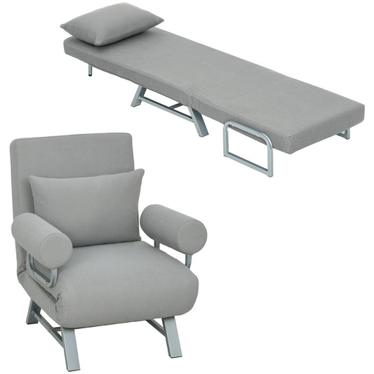 Single Sofa Bed, 3-in-1 Convertible Folding Chair Bed with Adjustable Backrest, Removable Armrests, Steel Legs, Linen Sleeper Chair for Living Room, Bedroom, Small Space, Light Grey