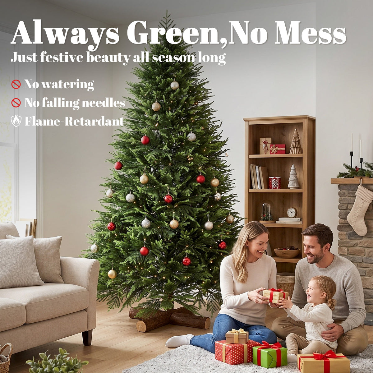 7ft Artificial Christmas Tree, Hinged Xmas Tree with Dense 1071 PE & PVC Branch Tips, Realistic Fir Wood Base, Auto Open for Home Office Decor, Green