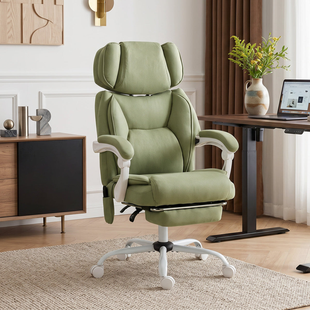 Office Chair with 6-Point Vibration Massage and Heat, Leathaire Upholstered Computer Desk Chair with Adjustable Headrest, Footrest, Linkage Armrests, Reclining, Remote, Lime Green