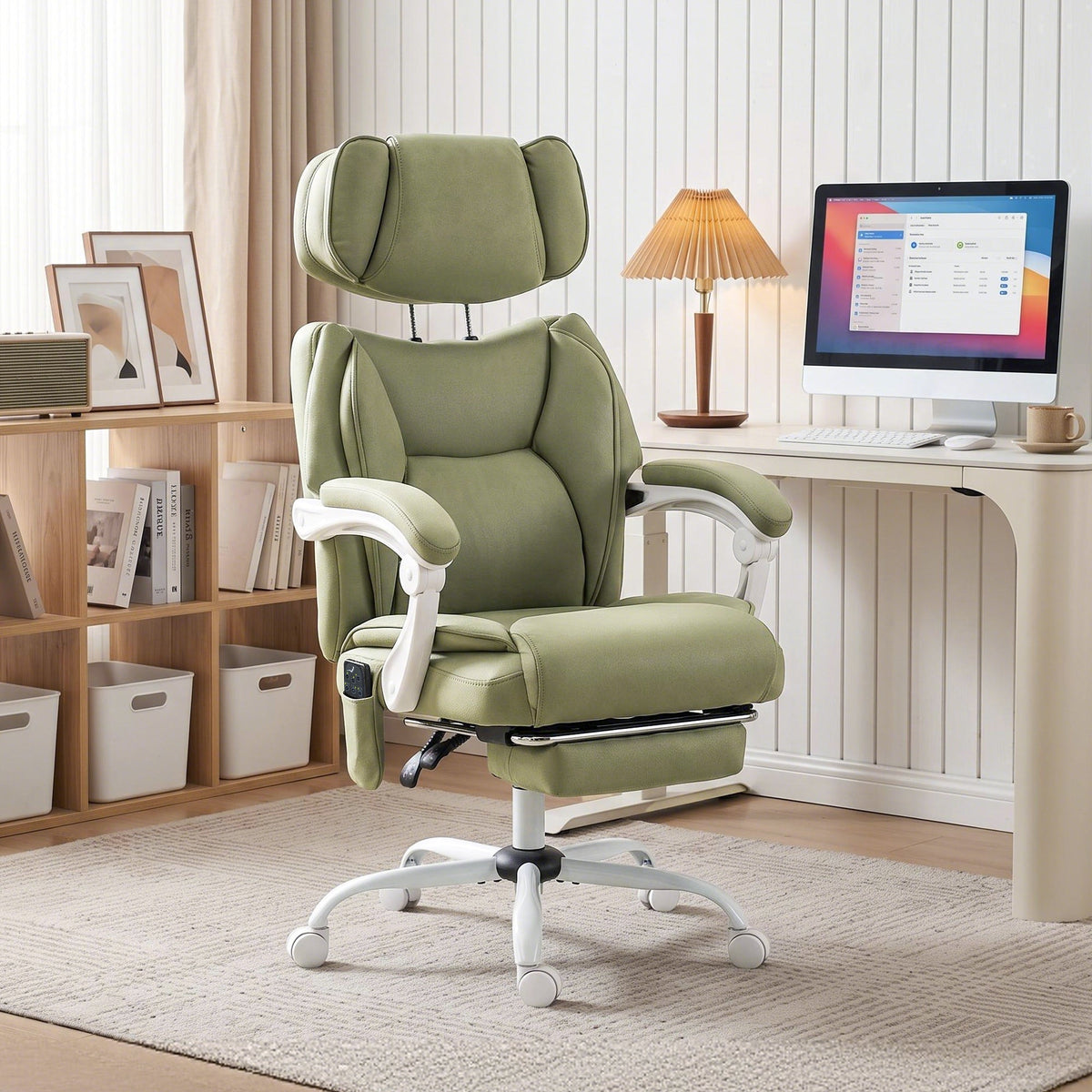 Office Chair with 6-Point Vibration Massage and Heat, Leathaire Upholstered Computer Desk Chair with Adjustable Headrest, Footrest, Linkage Armrests, Reclining, Remote, Lime Green