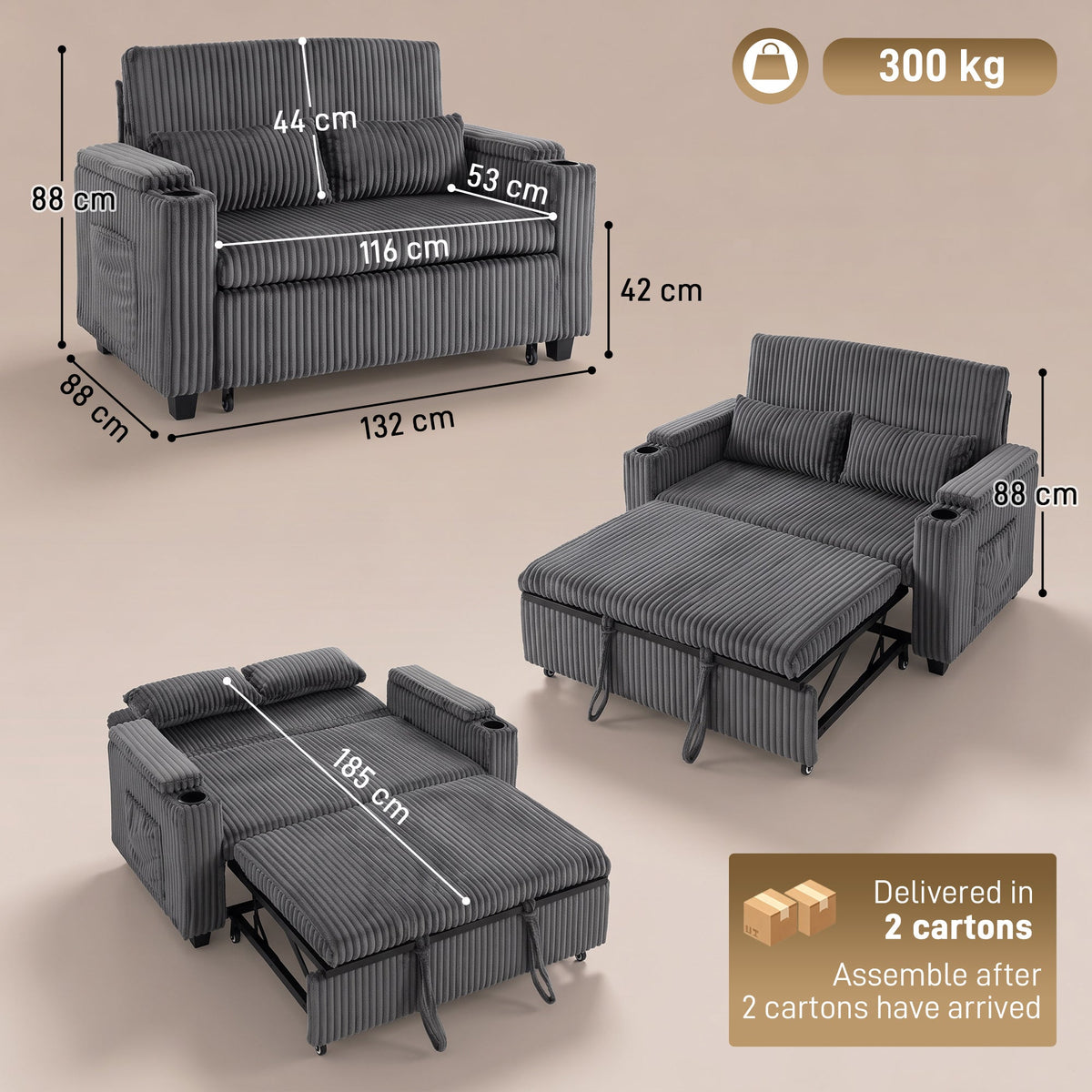 2 Seater Sofa Bed, 3-in-1 Convertible Pull Out Sleeper Sofa, Corduroy Loveseat Bed Settee with Adjustable Backrest, Storage Armrests, Cup Holders, Side Pockets for Living Room, Dark Grey