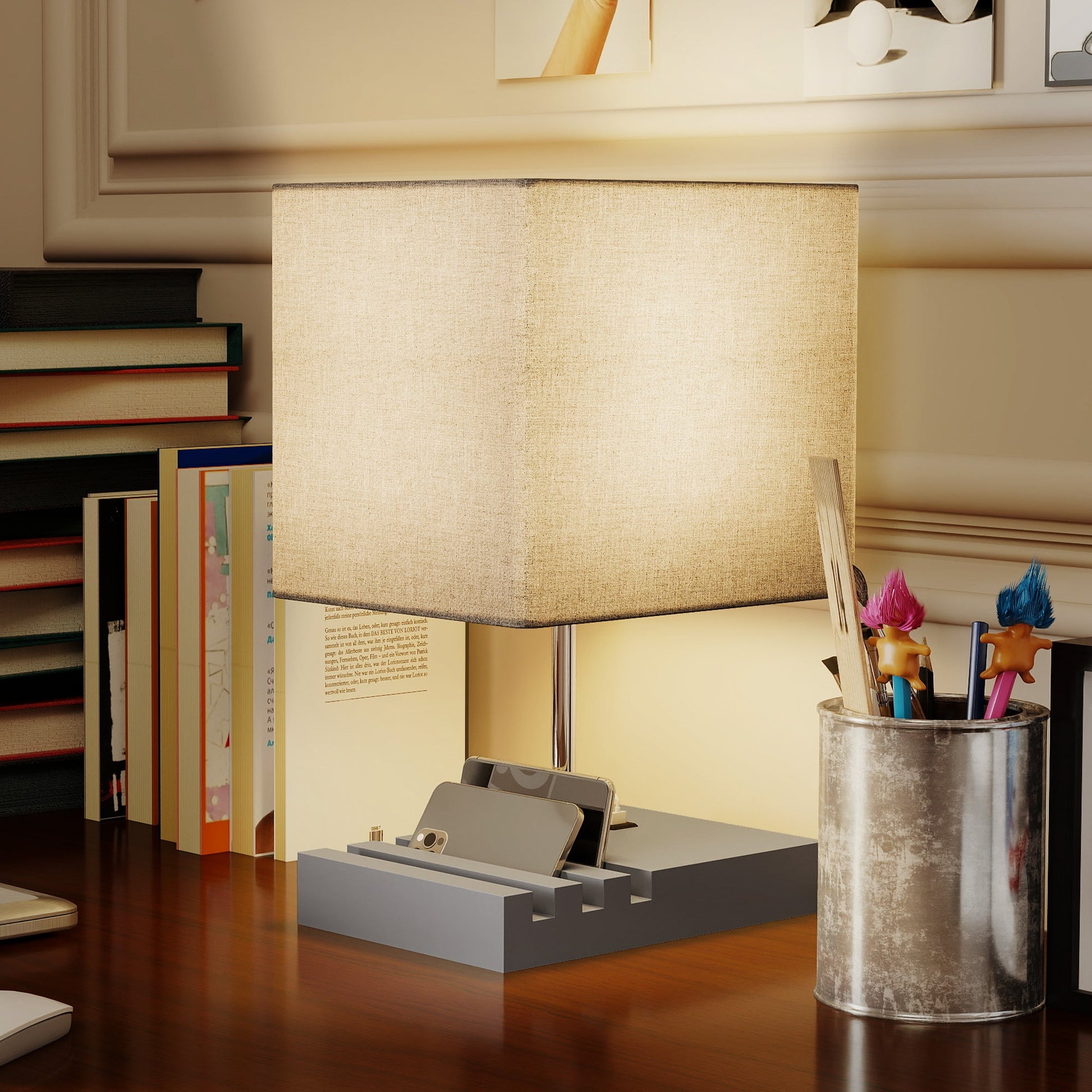 Bedside Lamp with USB A+C Charging Ports and 3 Phone Stands, Modern Table Lamp with Solid Wood Base and Fabric Shade for Bedroom Living Room Office, E27 Socket, Bulb Not Included, Grey