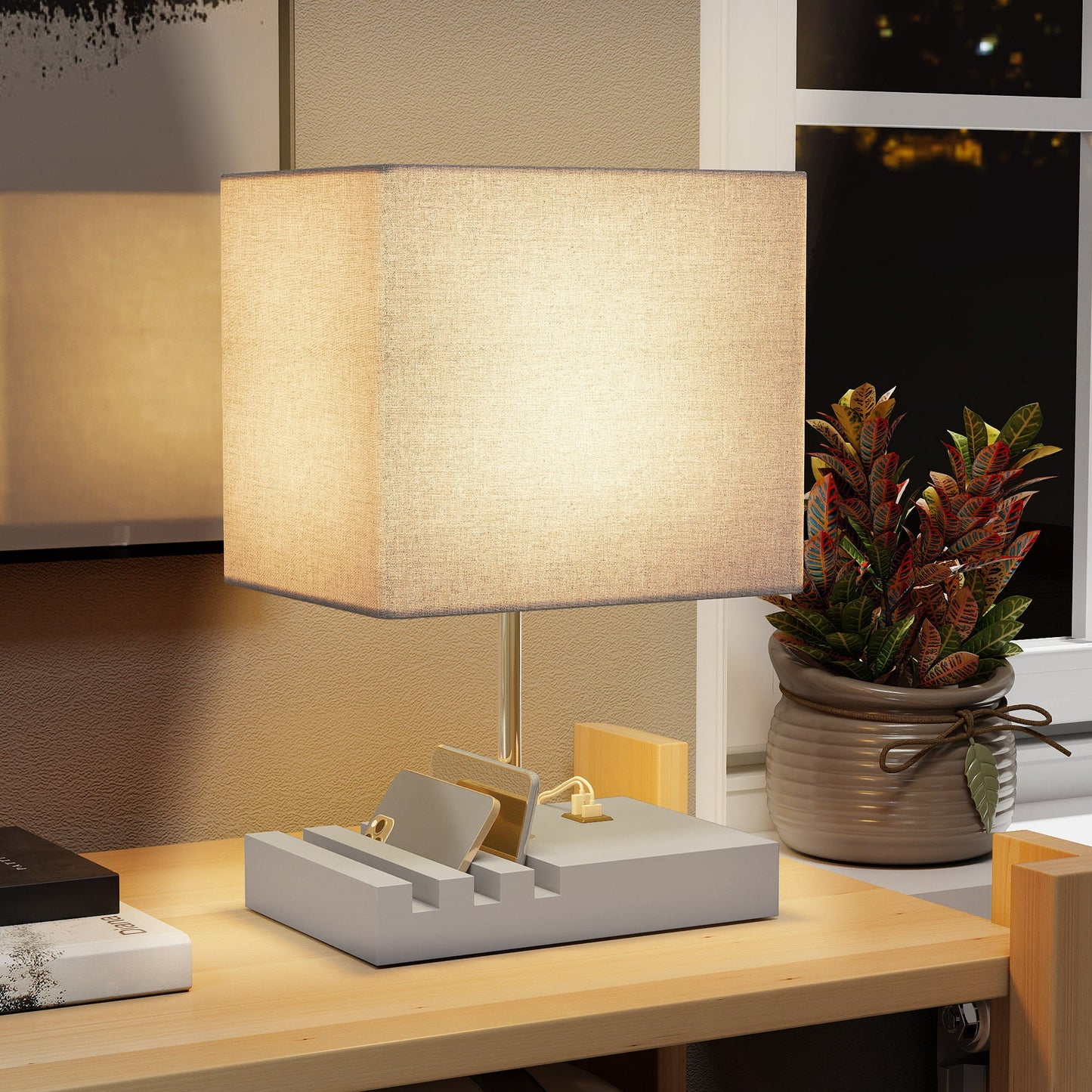Bedside Lamp with USB A+C Charging Ports and 3 Phone Stands, Modern Table Lamp with Solid Wood Base and Fabric Shade for Bedroom Living Room Office, E27 Socket, Bulb Not Included, Grey
