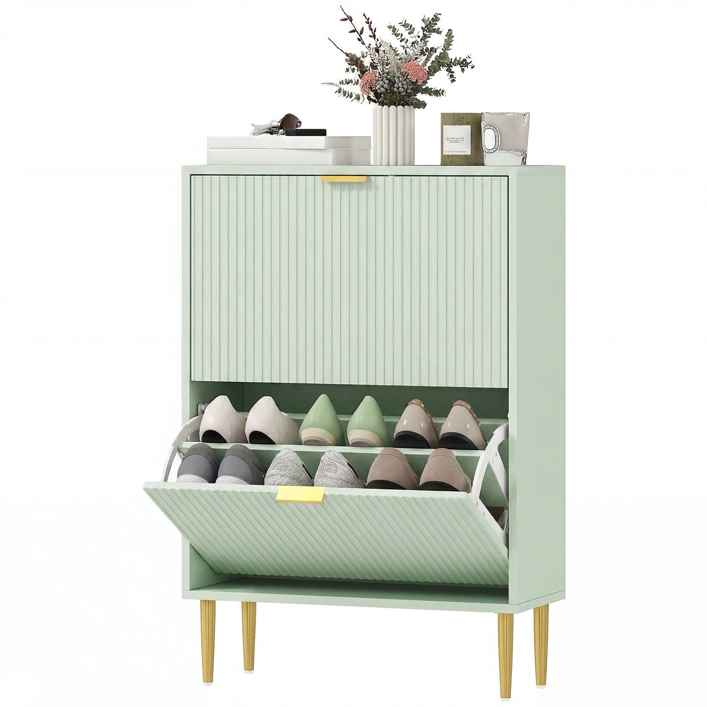 Narrow Shoe Cabinet with 2 Flip Drawers, Modern Slim Shoe Storage Cabinet with Fluted Doors and Adjustable Shelves for Hallway, Holds 6-12 Pairs, Light Green