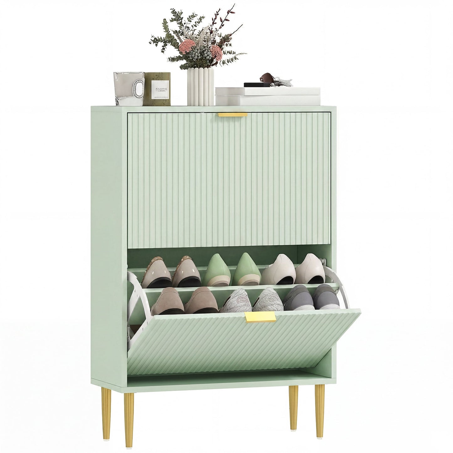 Narrow Shoe Cabinet with 2 Flip Drawers, Modern Slim Shoe Storage Cabinet with Fluted Doors and Adjustable Shelves for Hallway, Holds 6-12 Pairs, Light Green