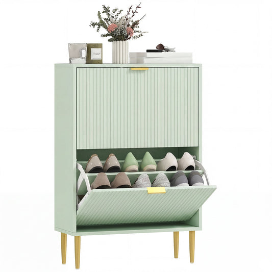 Narrow Shoe Cabinet with 2 Flip Drawers, Modern Slim Shoe Storage Cabinet with Fluted Doors and Adjustable Shelves for Hallway, Holds 6-12 Pairs, Light Green