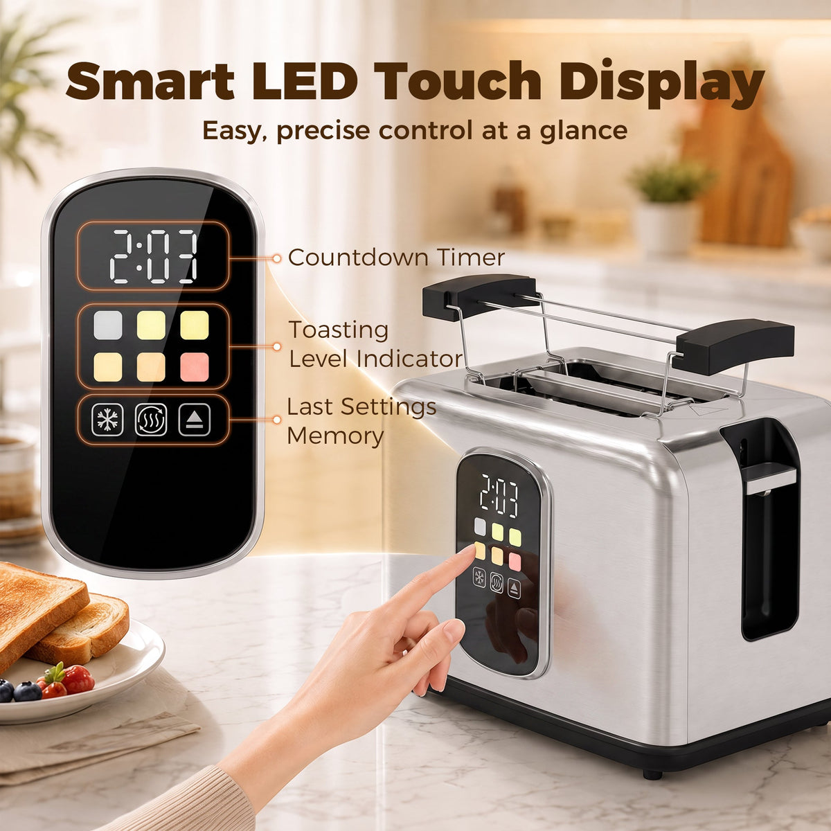 2 Slice Smart Toaster with Touch Screen & LED Countdown, Toaster with Warming Rack, 6 Browning Levels, Memory Function, Reheat/Defrost/Cancel, Removable Crumb Tray, Stainless Steel, 930W