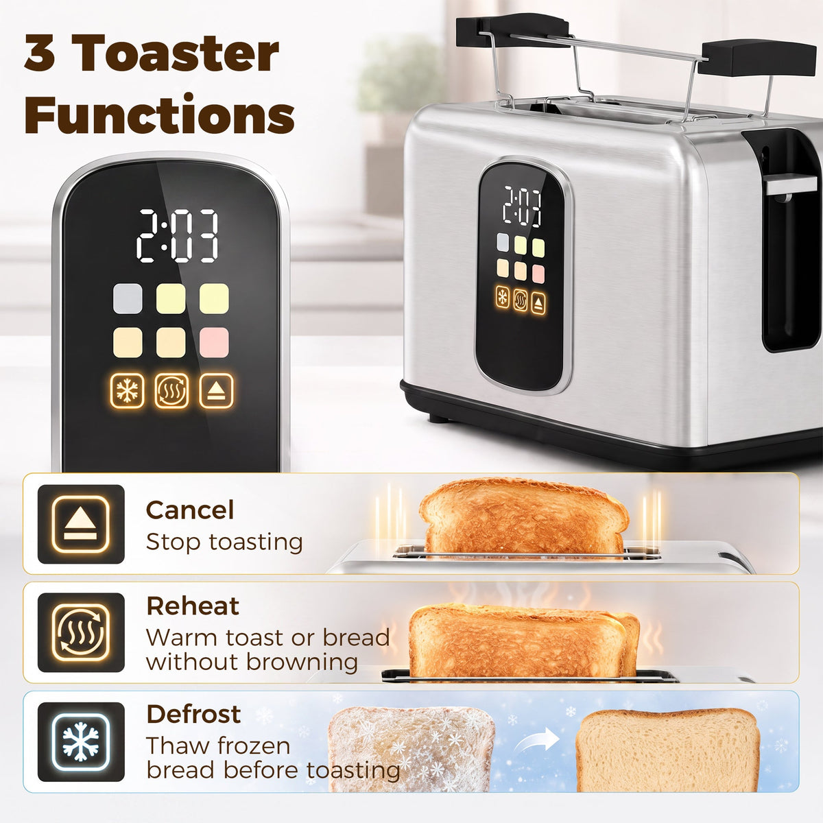 2 Slice Smart Toaster with Touch Screen & LED Countdown, Toaster with Warming Rack, 6 Browning Levels, Memory Function, Reheat/Defrost/Cancel, Removable Crumb Tray, Stainless Steel, 930W