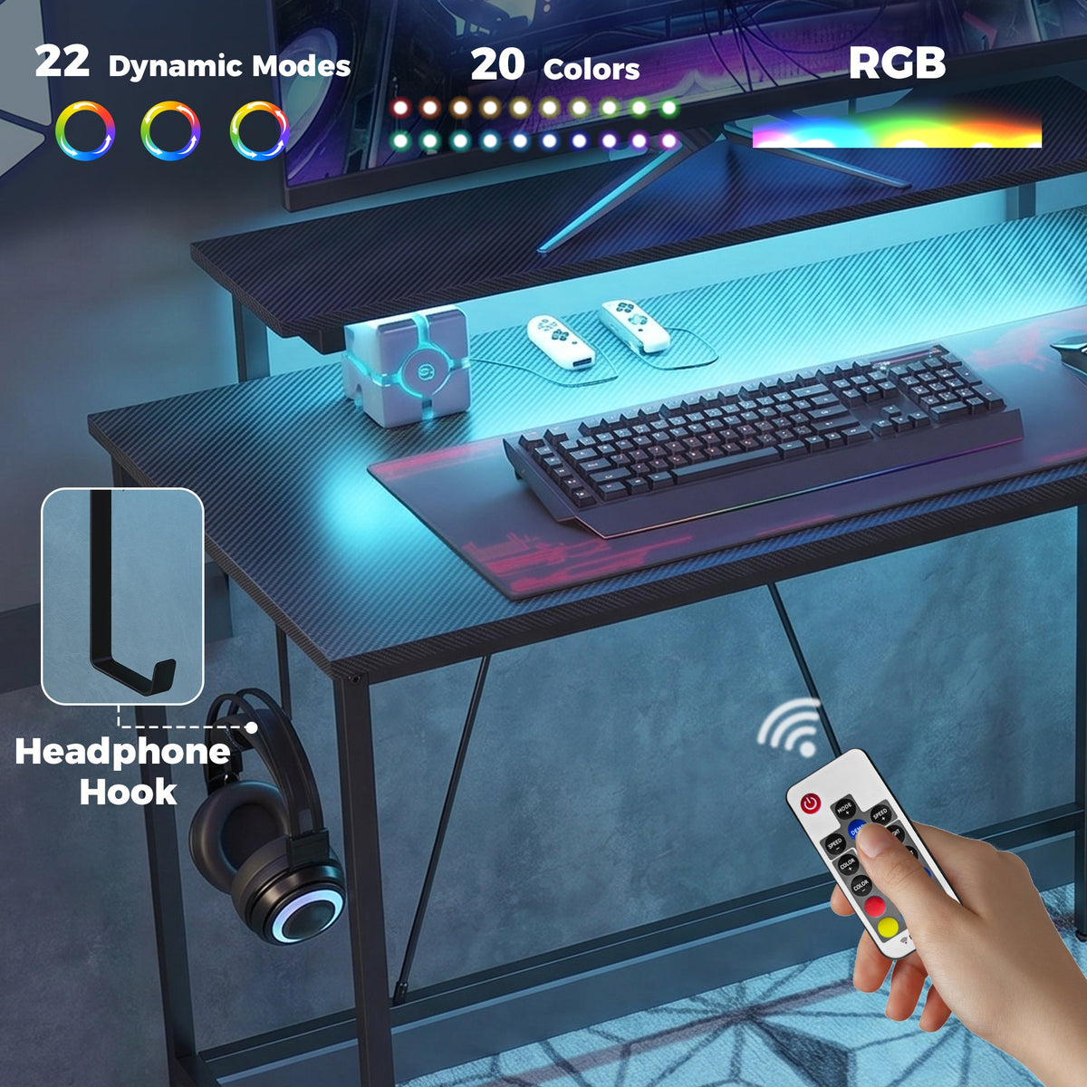 L Shaped Gaming Desk with LED Lights, Power Outlet, USB Charging Ports, 132cm Reversible Corner Computer Desk with Storage Shelves, Monitor Stand for Home Office, Small Space, Black