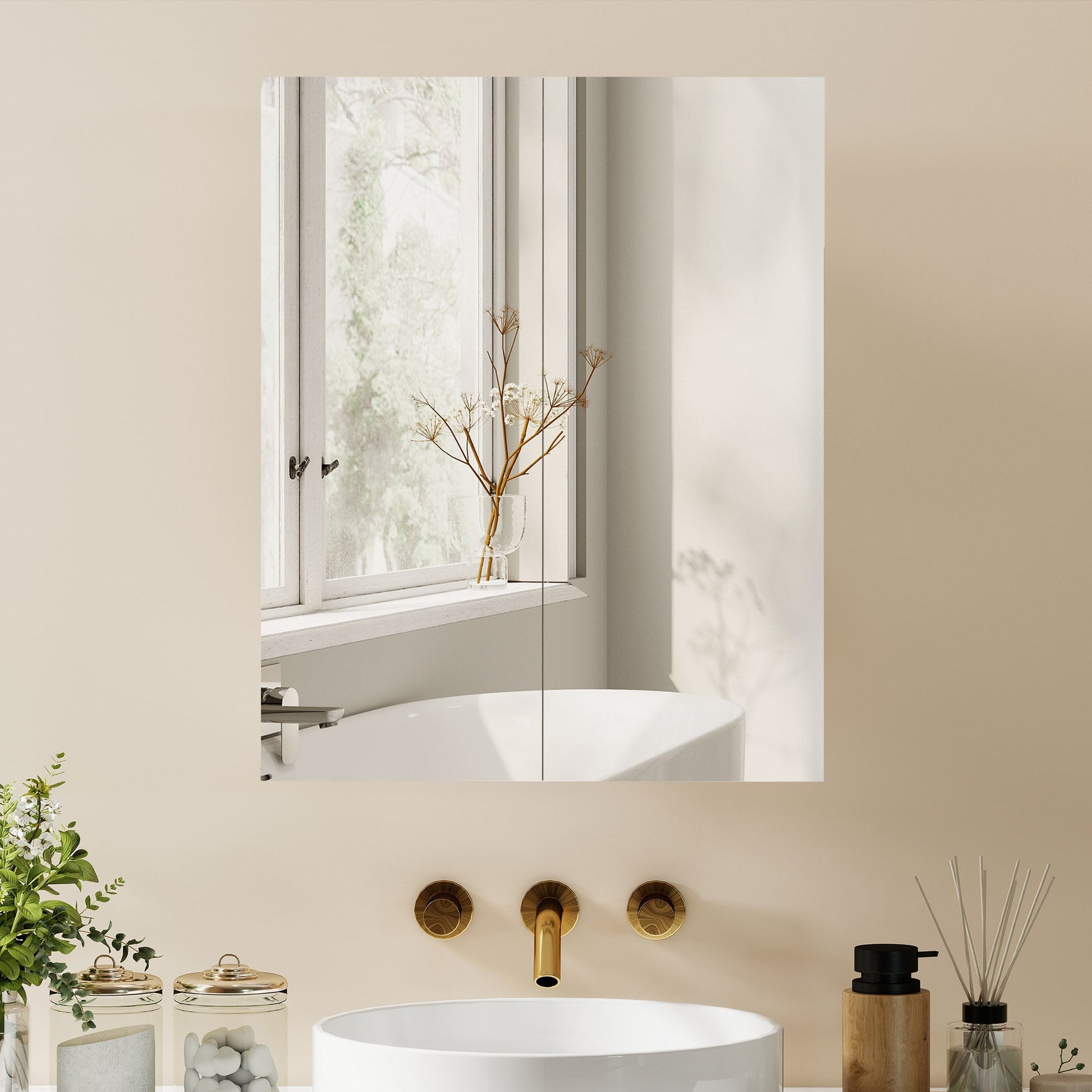 Bathroom Mirror Cabinet, 3-Tier Wall Mount Bathroom Storage Cabinet with Soft-Close Hinges and Adjustable Shelf, Double Door Cupboard, 60W x 15D x 75H cm, White