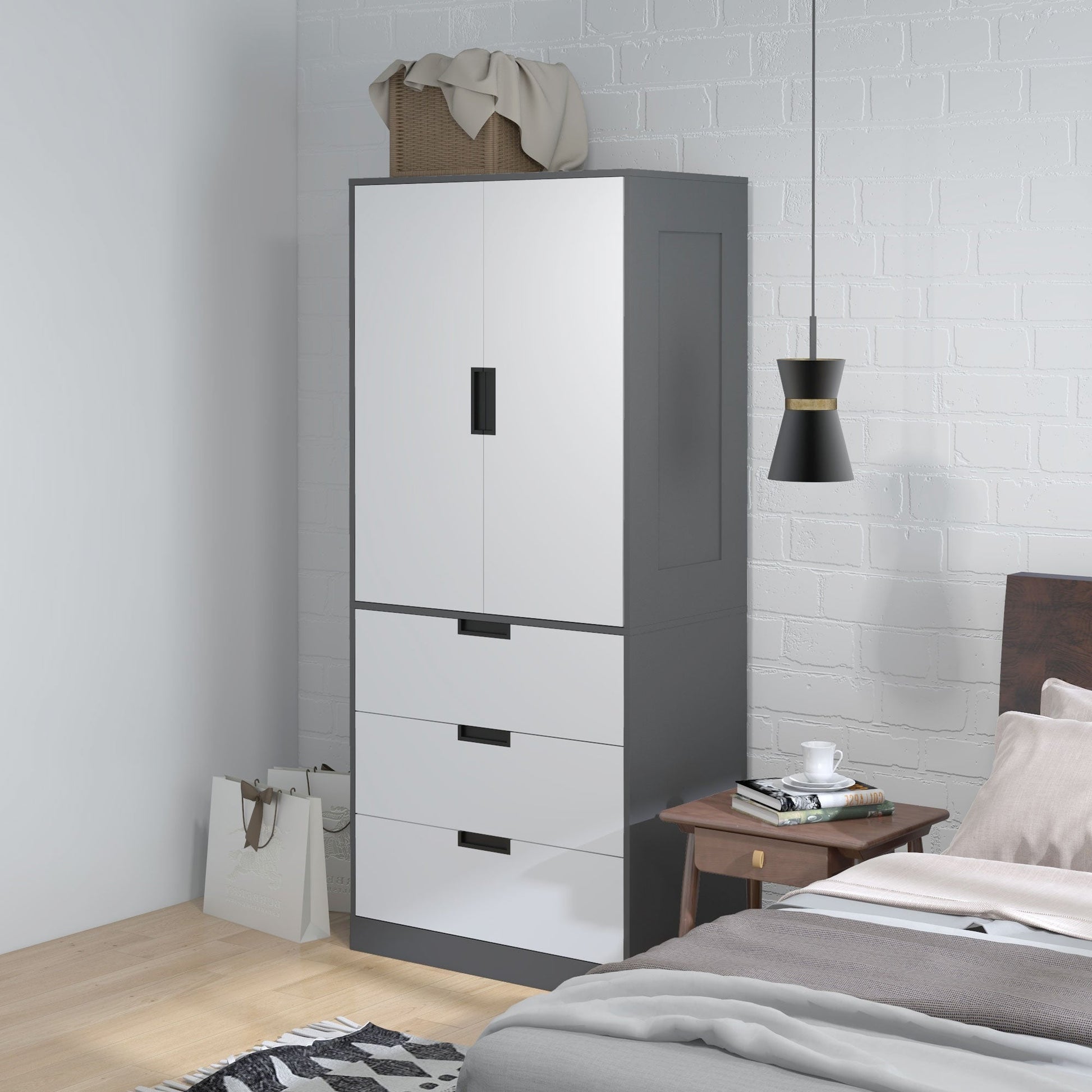 HOMCOM 3 Drawer 2 Door Wardrobe, Modern Clothes Storage Cupboard Unit with Hanging Rod, Bedroom Wardrobe with Soft Closing Hinge, 50D x 80W x 180H,Grey