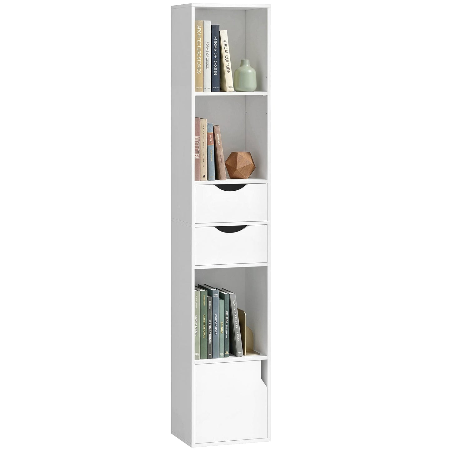 158 cm Bookcase with Drawers, 3-Tier Bookshelf, Slim Storage Cabinet with Doors, Adjustable Shelf for Living Room, Bedroom, Home Office, White