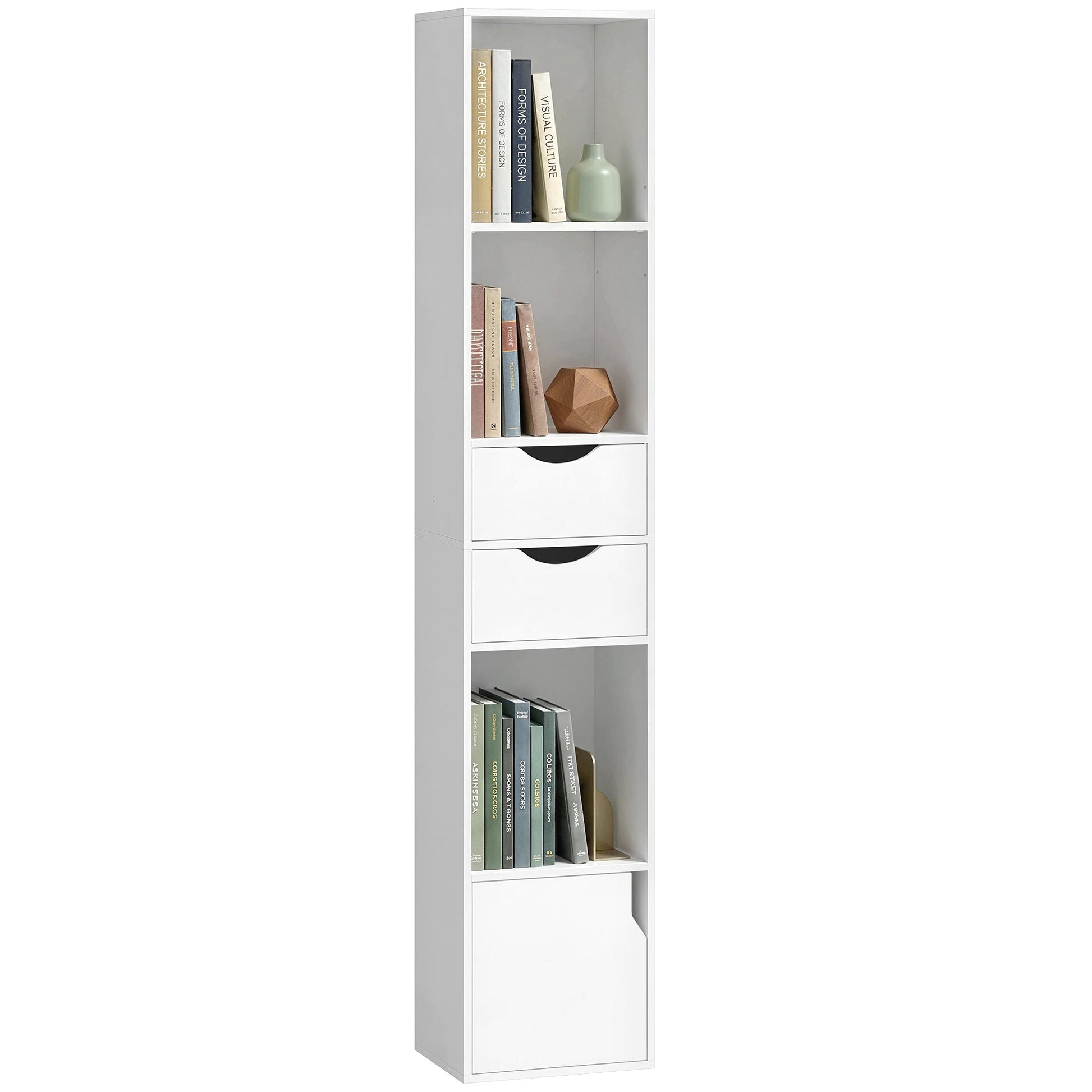 158 cm Bookcase with Drawers, 3-Tier Bookshelf, Slim Storage Cabinet with Doors, Adjustable Shelf for Living Room, Bedroom, Home Office, White