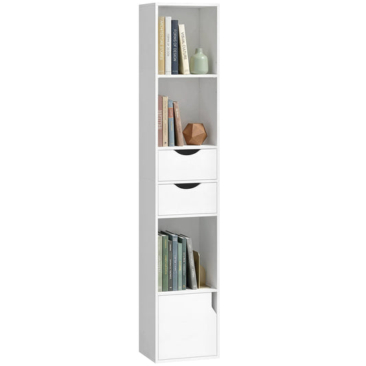 158 cm Bookcase with Drawers, 3-Tier Bookshelf, Slim Storage Cabinet with Doors, Adjustable Shelf for Living Room, Bedroom, Home Office, White