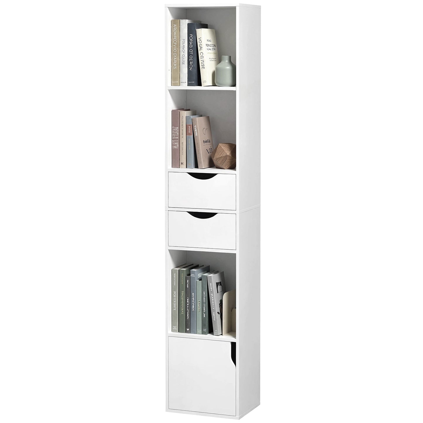 158 cm Bookcase with Drawers, 3-Tier Bookshelf, Slim Storage Cabinet with Doors, Adjustable Shelf for Living Room, Bedroom, Home Office, White