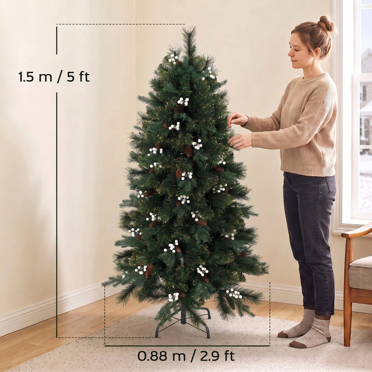 5ft/150cm Artificial Christmas Tree, Fir Hinged Xmas Tree with 490 Branch Tips, Foldable Metal Stand, Easy Assembly for Home Office Holiday Decoration, Green