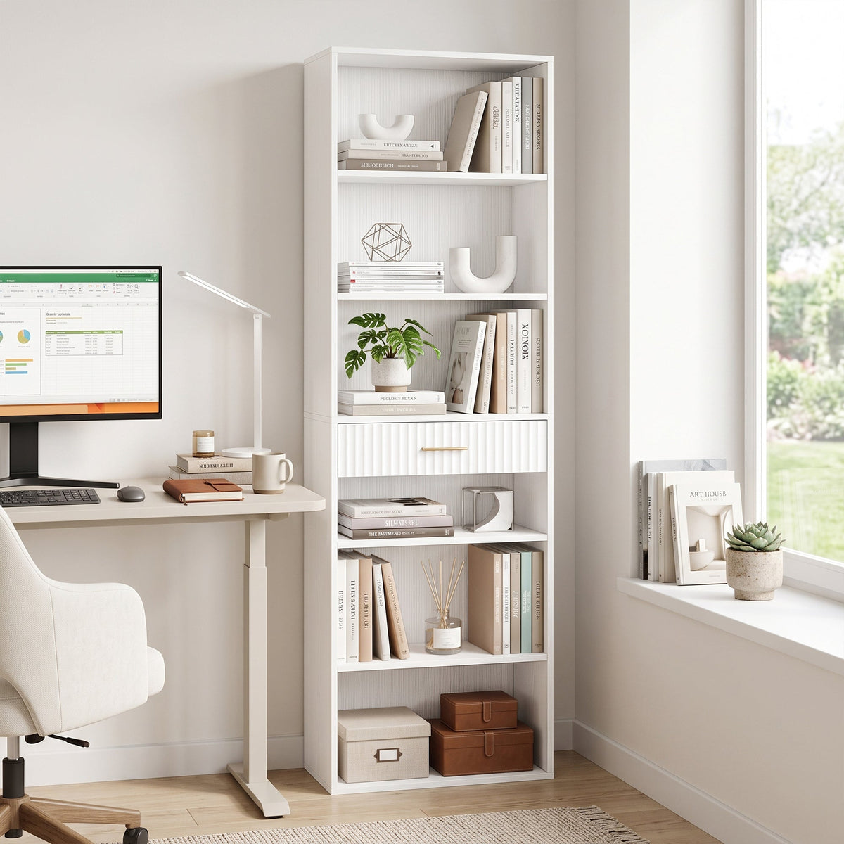Tall Bookcase with Cubes, 7-Tier Bookshelf with Drawer, Freestanding Shelving Unit, 60 x 24 x 182 cm, Space-Saving for Study, Home Office, Living Room, White