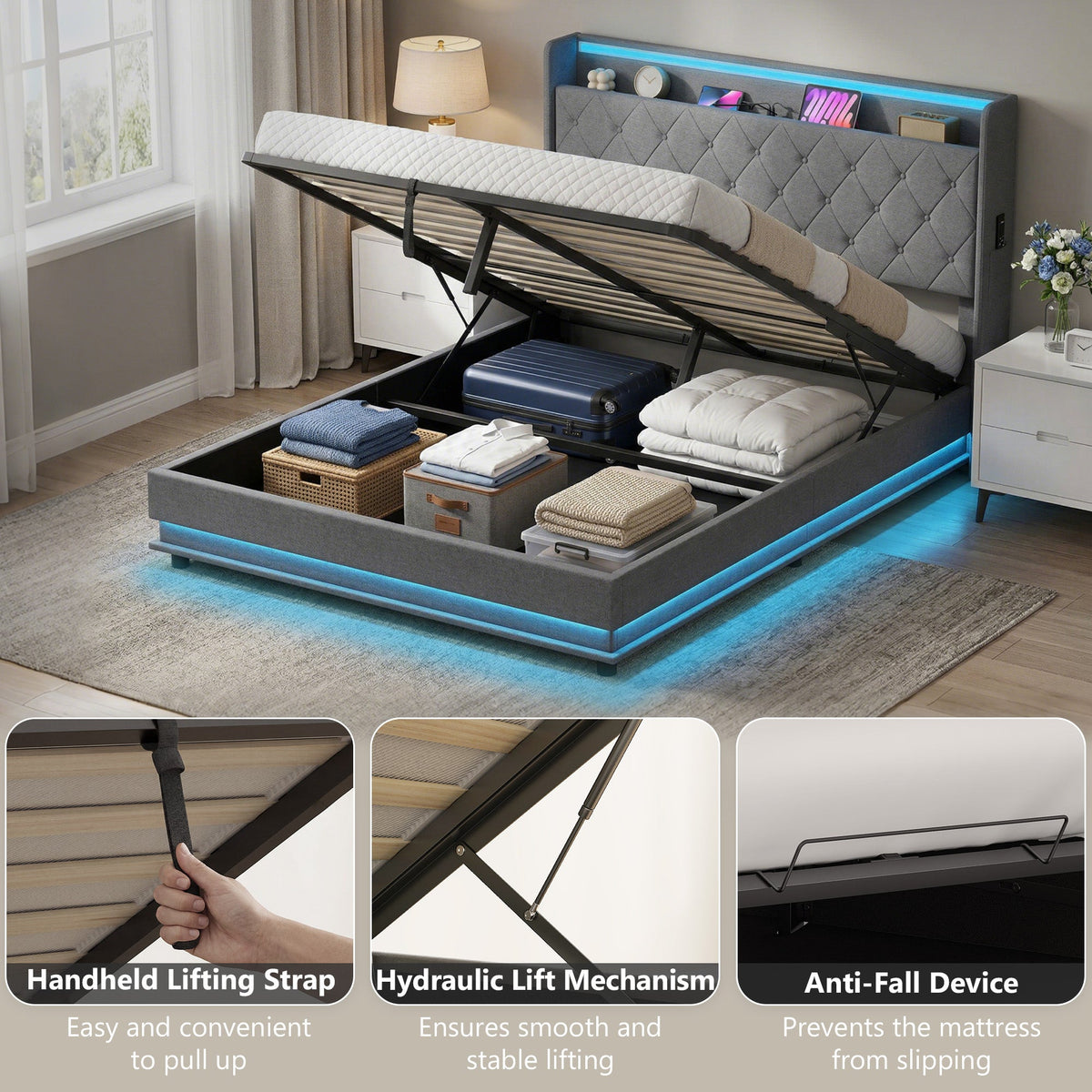 5ft King Ottoman Bed Frame with Hydraulic Storage, APP Control LED Lights and Charging Station, Upholstered Lift Up Storage Bed Frame with Headboard, No Box Spring Needed, Dark Grey