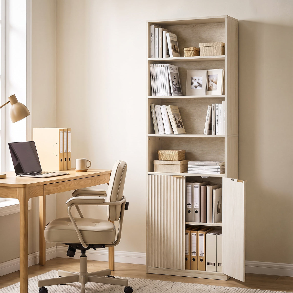 Slim Bookcase, 6-Tier Tall Bookshelf, Freestanding Shelving Unit with Cabinet, Adjustable Shelf, 60 x 24 x 182 cm for Living Room, Study, Home Office, Oak Wood Effect