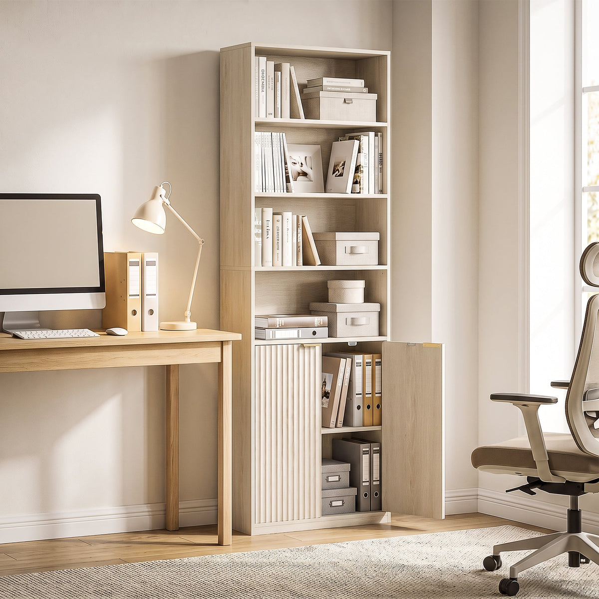 Slim Bookcase, 6-Tier Tall Bookshelf, Freestanding Shelving Unit with Cabinet, Adjustable Shelf, 60 x 24 x 182 cm for Living Room, Study, Home Office, Oak Wood Effect