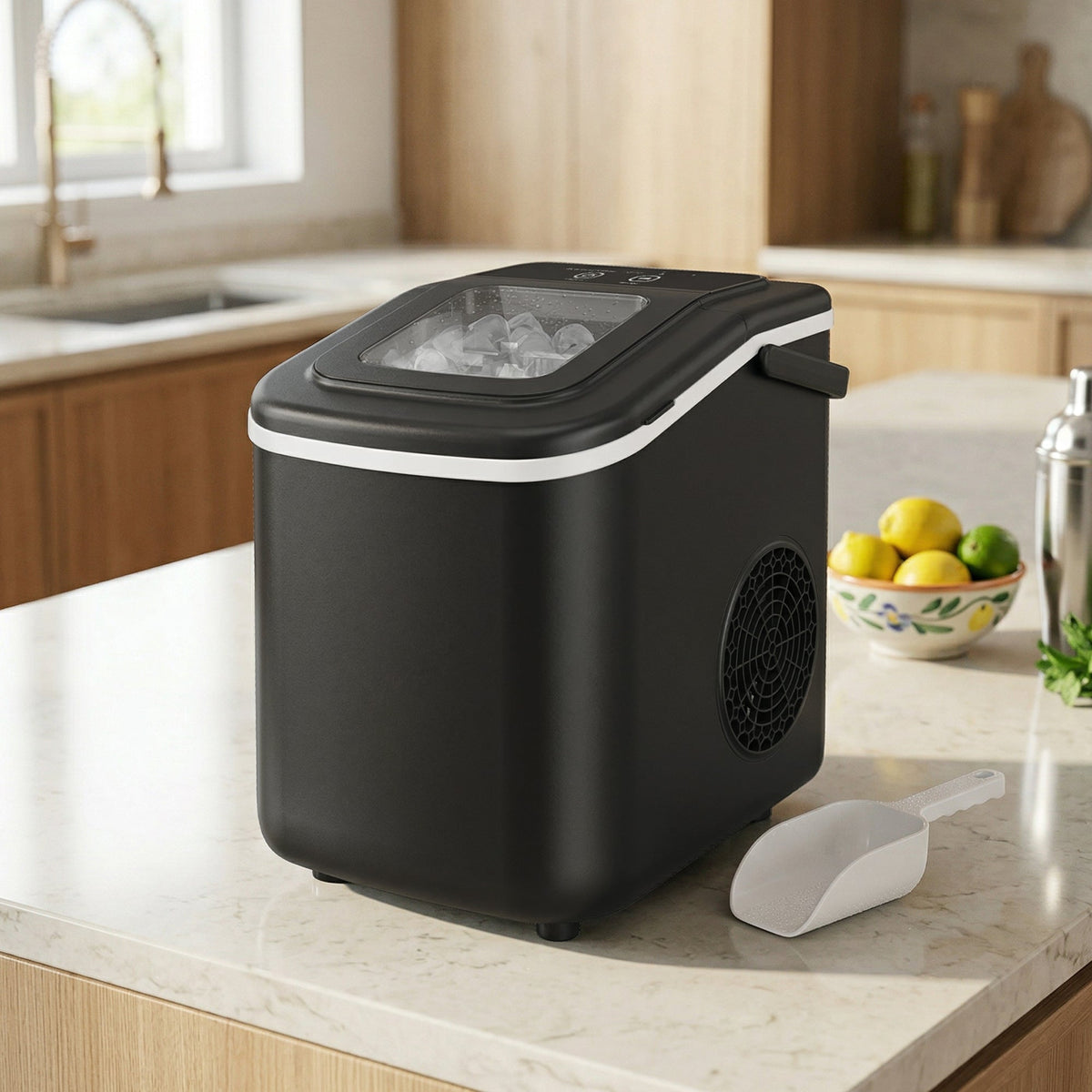 Ice Maker Machine Countertop, 12kg/24H, 9 Cubes in 7 Mins, 2 Sizes, Self-Cleaning Portable Ice Cube Maker with Handle, Scoop & Basket for Home Office Kitchen RV, Black