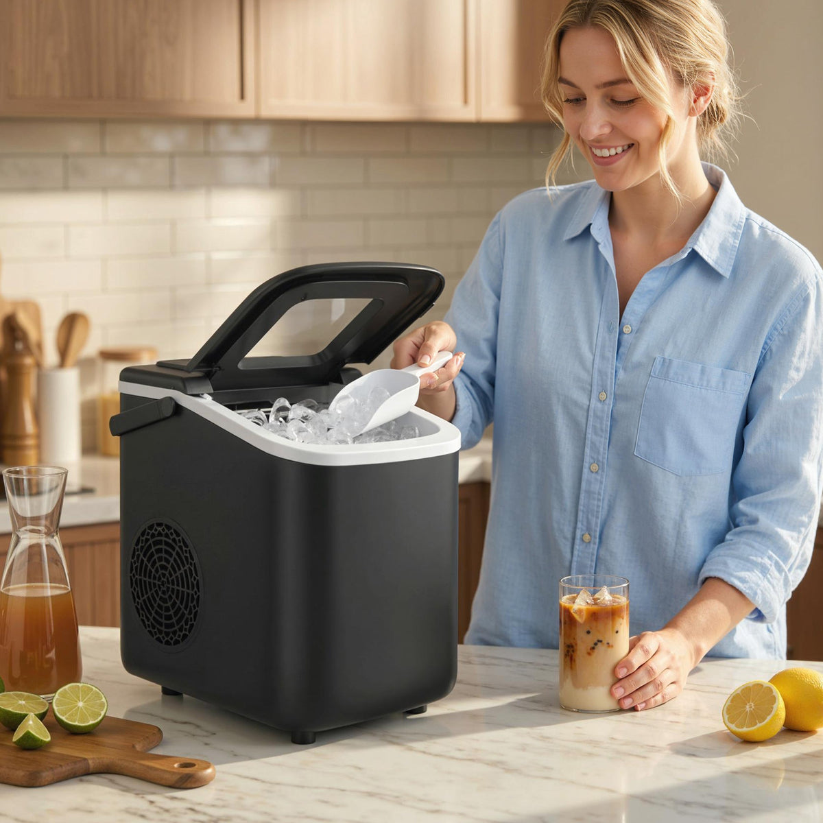 Ice Maker Machine Countertop, 12kg/24H, 9 Cubes in 7 Mins, 2 Sizes, Self-Cleaning Portable Ice Cube Maker with Handle, Scoop & Basket for Home Office Kitchen RV, Black