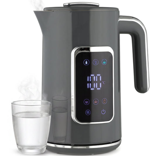 Electric Kettle, 1.7L Fast Boil 3000W Water Kettle with LED Display, Adjustable Temperature, Keep Warm Function, Auto Shut-off Boil-Dry Protection, Double-Wall, Grey