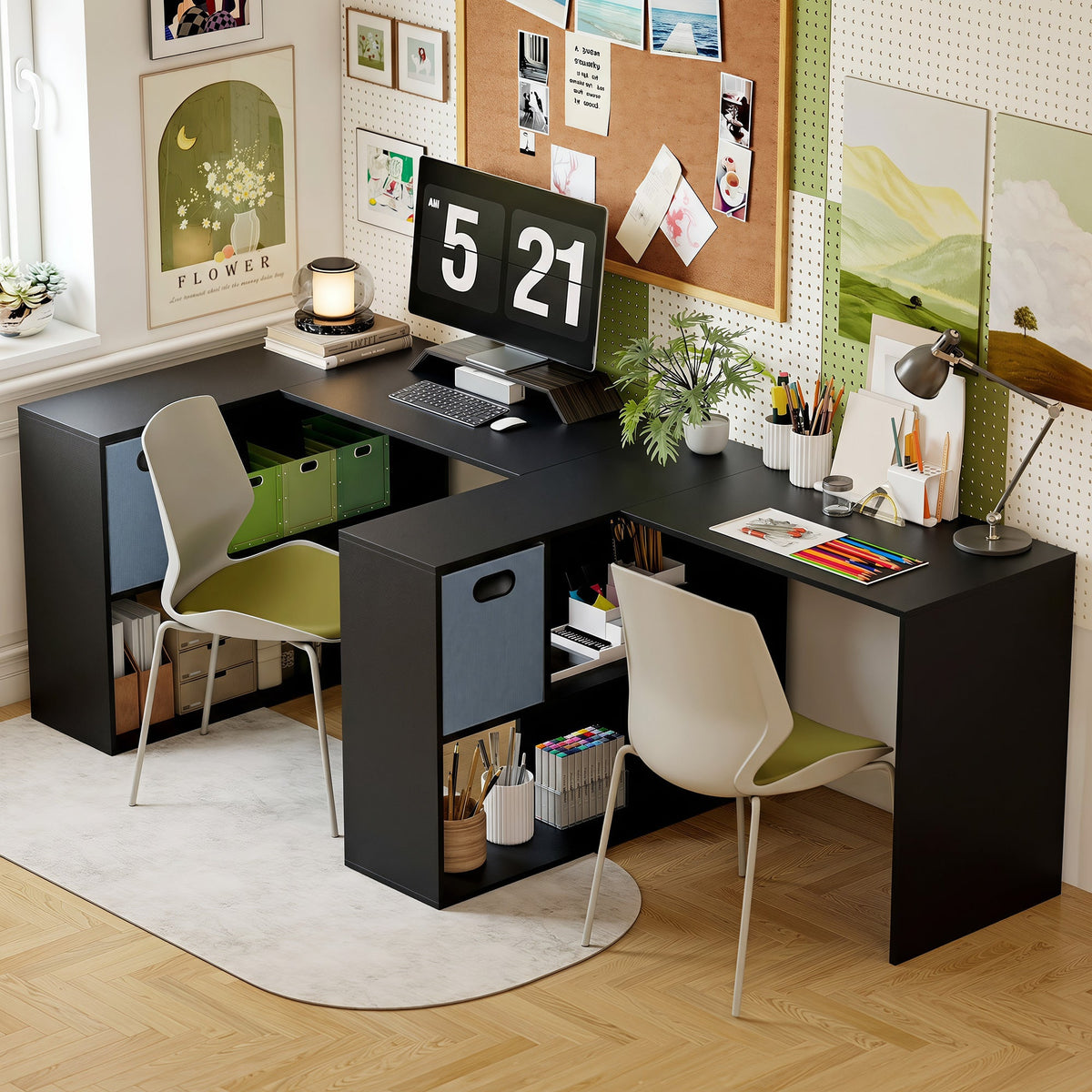 110 cm L-Shaped Desk, Small Computer Desk with Fabric Drawer and Storage Shelves for Home Office, Study, Black